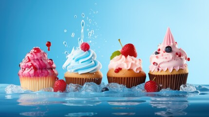 Delicious fruitcakes dessert on blue background. - obrazy, fototapety, plakaty