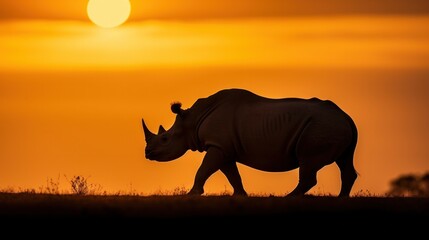 Fototapeta premium Silhouette of rhinoceros on sunset sky.