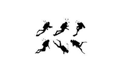 hand drawn scuba diver silhouette vector, silhouette of scuba diver, group of swimming people,