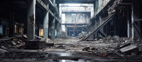 Inside an abandoned administrative building, a large concrete staircase leads up to higher floors. The interior is littered with garbage and mud, with ruined walls and corridors giving a sense of