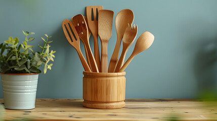 A wooden counter displays a collection of bamboo kitchen utensils. 