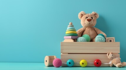 The wooden toy box is full of toys and teddy bears. Generate AI image