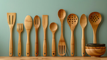 A wooden counter displays a collection of bamboo kitchen utensils.  - obrazy, fototapety, plakaty