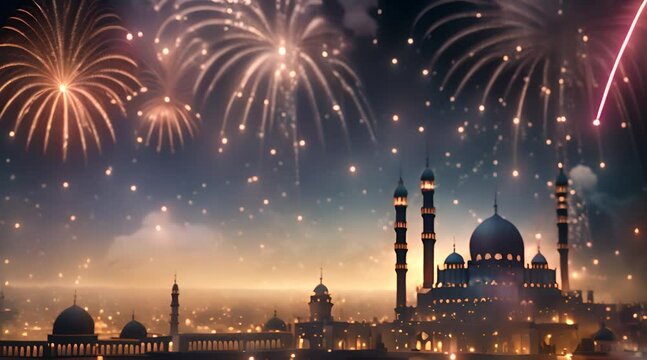 ramadan kareem background with mosque and fireworks in the sky