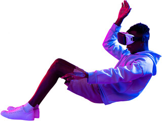 Levitating African man wearing VR headset PNG file with no background