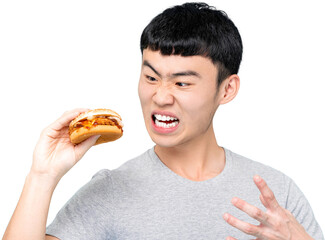 Mad Asian man holding a burger PNG file with no background