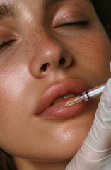 Closeup of beautiful woman gets injection in her lips
