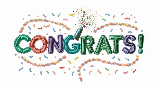 Congratulations colorful lettering with confetti. Isolated on white background.