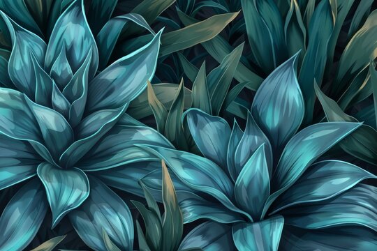 Background Texture Pattern Agave Plants showcasing the striking forms of cel-shaded agave plants shades of blue-green and gray created with Generative AI Technology