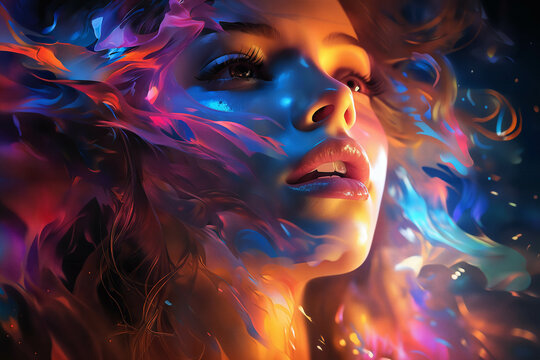 A girl's face surrounded by abstract shapes and colorful smoke on a dark background with lights