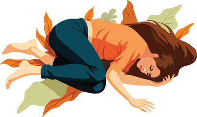 Vector illustration of a woman resting peacefully among fall leaves