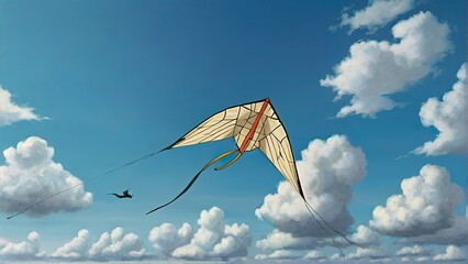 Paper kite soaring high in the blue sky