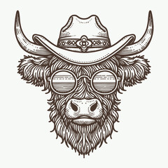 Highland Cow wear cowboy hat and round sunglasses, Funny and Cool, Minimal T-Shirt design for Coffee Lover, Svg Eps Vector illustration