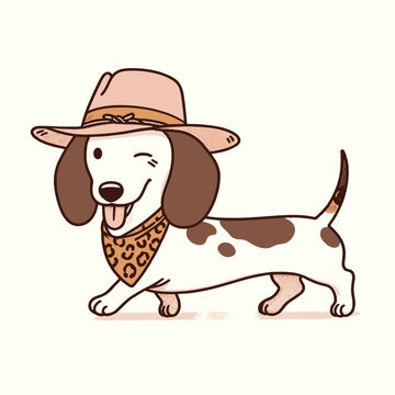 Dachshund wear cowboy hat and leopard print scarf, Funny and Cool, Minimal T-Shirt design for Coffee Lover, Svg Eps Vector illustration