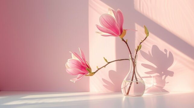 Magnolia flowers in a glass vase with a beautiful pink color concept. Generate AI image