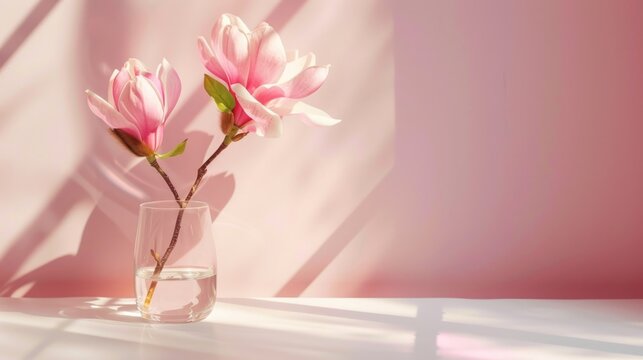 Magnolia flowers in a glass vase with a beautiful pink color concept. Generate AI image