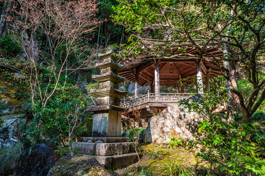 Hiroshima, Japan - January 2, 2020. Exterior shot of the Mitaki Dera temple in Hiroshima. This is one of the most famous Buddhist temples in in Japan.