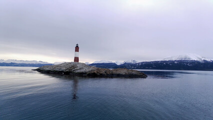Famous lighthouse of Ushuaia City at Beagle Channel near Chile border. Patagonia Argentina. Called...