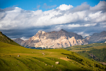 Mountain landscape in Dolomite alps, Italy, in summer with clouds