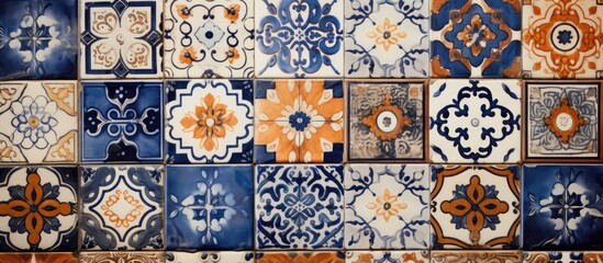 A close-up view of a tiled wall featuring a variety of vintage ceramic tiles in different colors and patterns. The tiles create a vibrant and dynamic visual display, showcasing the intricate