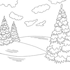Fir in winter forest graphic black white fir tree landscape sketch illustration vector