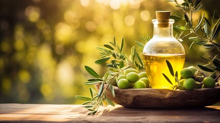 Backlit olive oil and an olive branch are featured against the backdrop of an old olive tree.
