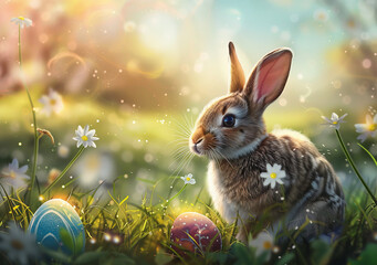 Fototapeta na wymiar Easter bunny sitting with easter eggs on a green spring meadow with daisy flowers.