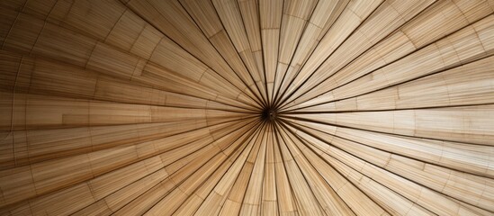 A massive wooden umbrella-like structure with a half-circle design, made of bamboo and showcasing intricate nature-inspired textures.