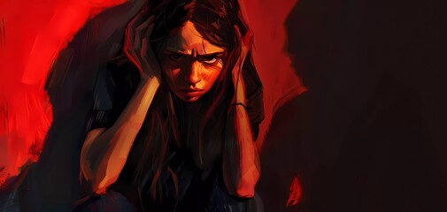 Dark illustration of a depressed girl. Scared teenager. Downtrodden woman. Abuse and mental disorder