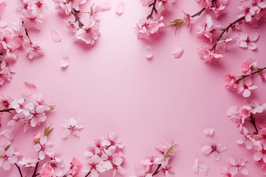 Background of many sakura flowers on pink background. Spring floral design. Copy space