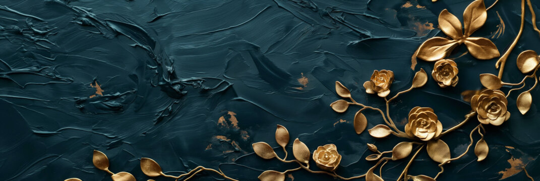Golden Florals on Indigo - Decorative Gold Flower Embellishments on Textured Blue Background