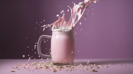 pink milkshake in a studio setting, in motion, splash on solid background