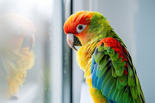 Parrots are colorful, beautiful birds that can talk and are commonly kept in cages. Eat food such as seeds, fruits, in a white frame, deep picture, isolated on white background.