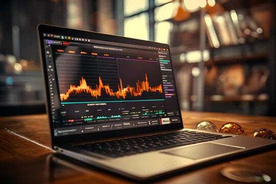 Laptop displaying stock market charts, finance analysis