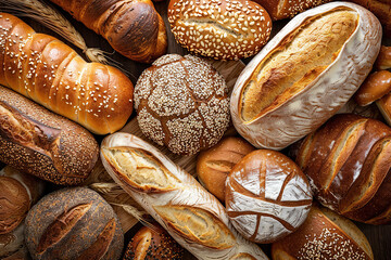 close up image of a selection of different bread loafs, view from above. Generative AI - Powered by Adobe