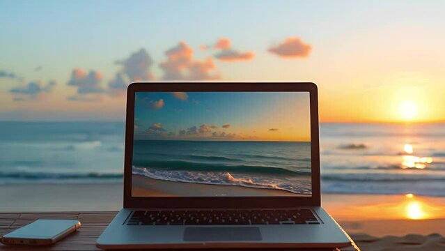 画面に海が映るノートパソコン,Generative AI 