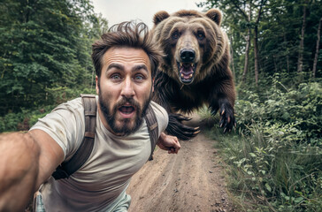 A man with a backpack takes a selfie as a bear chases him down a dirt road.