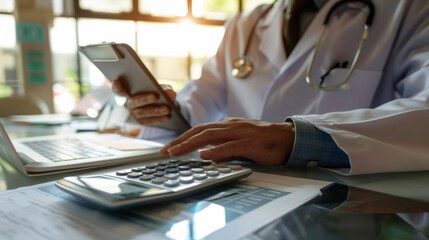 Doctor use a service fee calculator to save money on health insurance, drug cost concept.