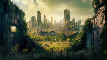 Ruins overgrown by plants. In background the last remains of a destroyed city skyline after the apocalypse. Generative Ai - obrazy, fototapety, plakaty