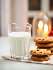 a glass of milk and a small plate of cookie