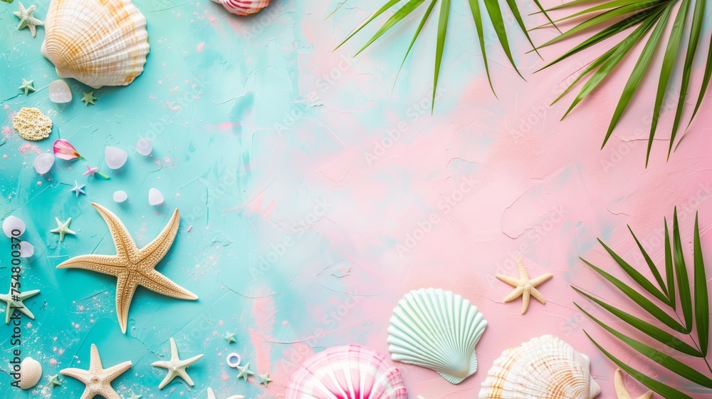 Fototapete tropical background with palm trees branches with starfish and seashell on blue background. copy spa