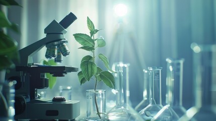microscope and young plant in science test tube , lab research biochemistry , biotechnology concept