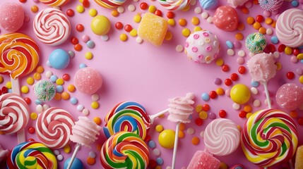 Colorful candies on pastel color pink background