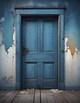 Blue Modern Door on a Painted Old Wall, Generative AI