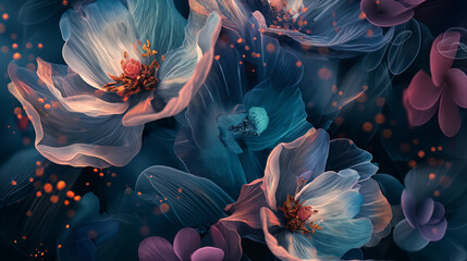 Close up of electric blue flowers on dark background, a stunning floral pattern