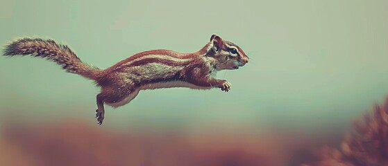  a squirrel flying through the air with it's front legs in the air and it's tail in the air.