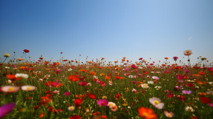 Obraz na płótnie Canvas flower field on sunny day, blue skies 