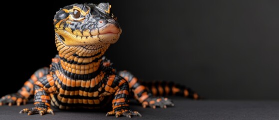  a close up of a toy alligator on a black surface with a black back ground with a black back ground and a black back ground with an orange and black background. - obrazy, fototapety, plakaty