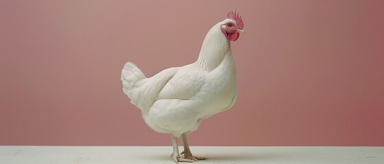  a white chicken with a red comb standing on a white surface with a pink back ground and a pink wall in the background.