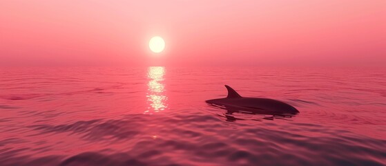  a dolphin swims in the water as the sun rises over the horizon in a pink - hued sky.